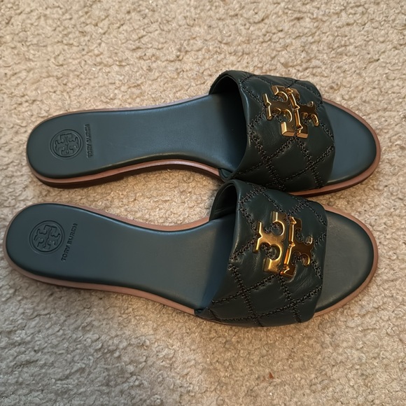 Tory Burch Everly Slide Size 10.5 Color Jitney Green Gold - Picture 5 of 8